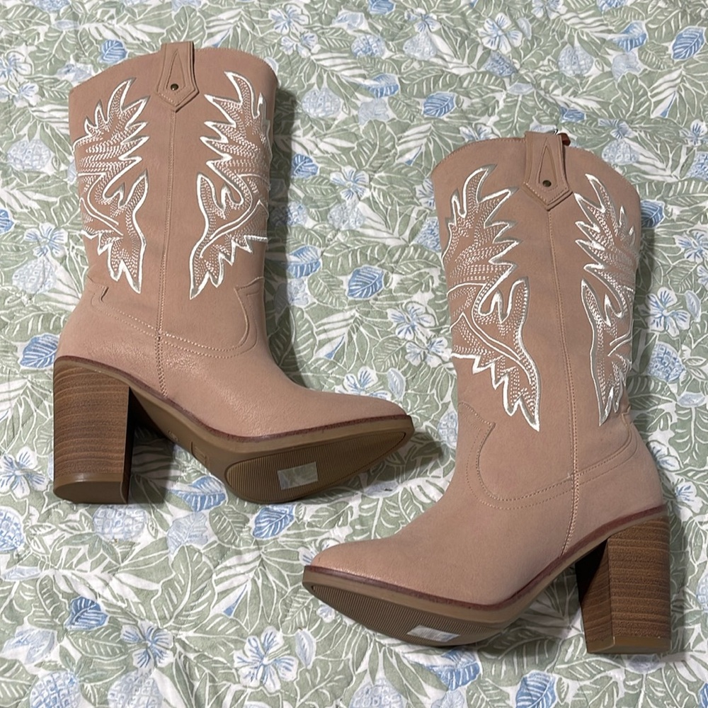 MIA Pink Western Heeled Boots with White Stitching